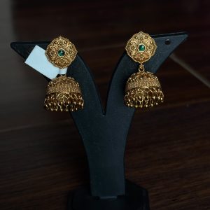 emerald blossom antique gold jhumka earrings